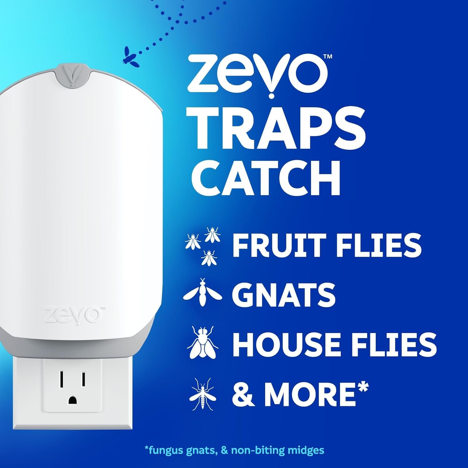 Zevo MAX Bug Catcher & Fly Trap for Indoors – Plug-In UV + Blue Light Insect Trap with 2 Refill Cartridges, 2× Capacity, Mess-Free Sticky Catch for Gnats, Fruit Flies & House Flies