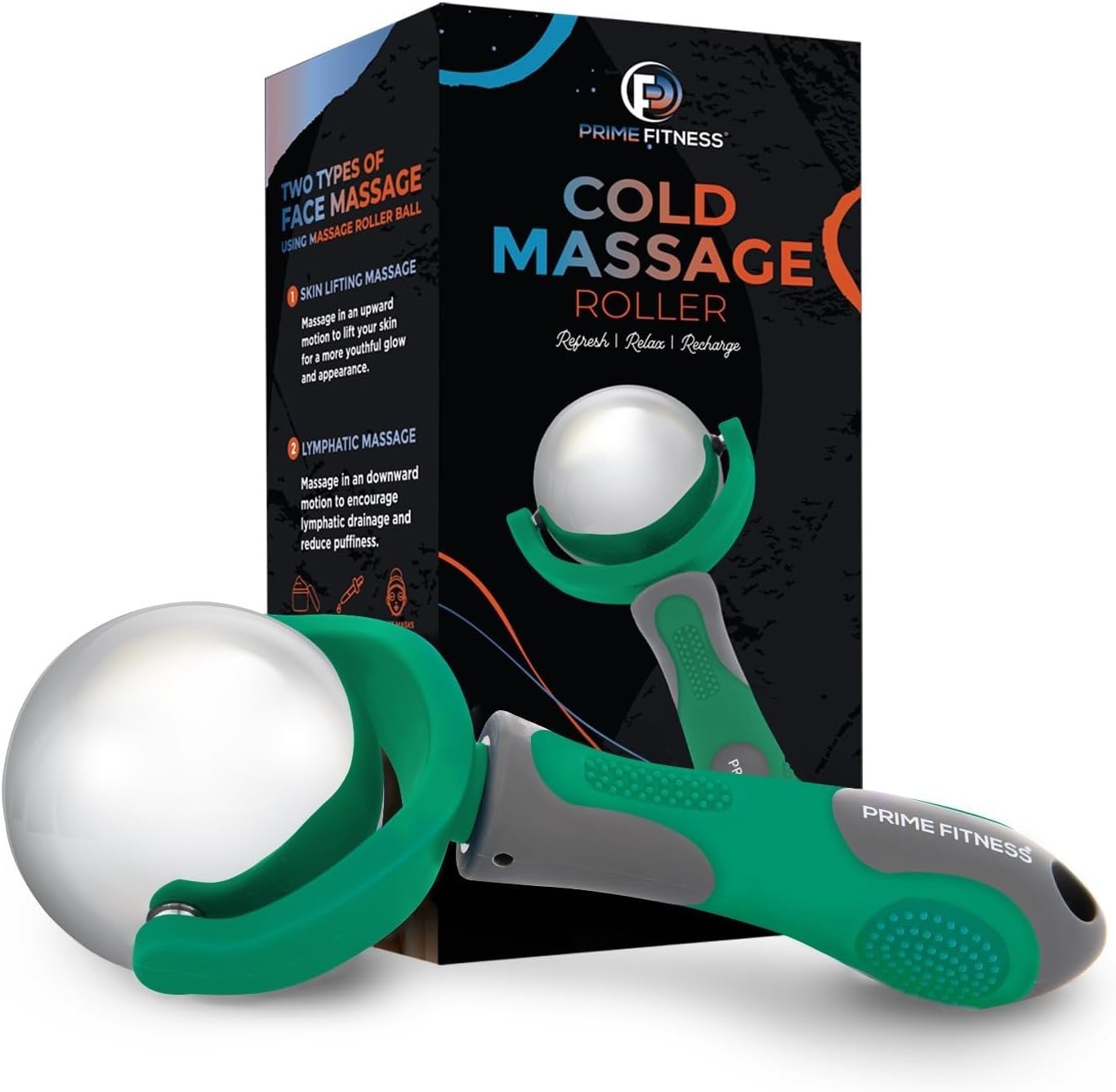 Green Cold Massage Roller Ball with Handle – Reusable Stainless Steel Cryotherapy Roller for Hot & Cold Tissue Relief, Deep Tissue Trigger-Point Therapy