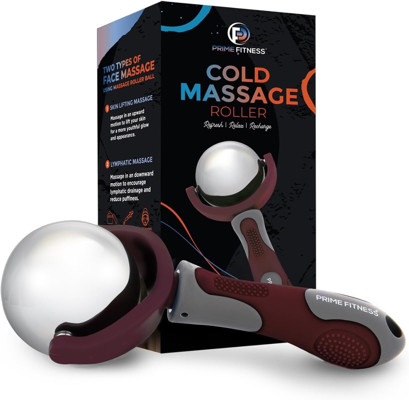 Maroon Cold Massage Roller Ball with Handle – Reusable Stainless Steel Cryotherapy Roller for Hot & Cold Tissue Relief, Deep Tissue Trigger-Point Therapy