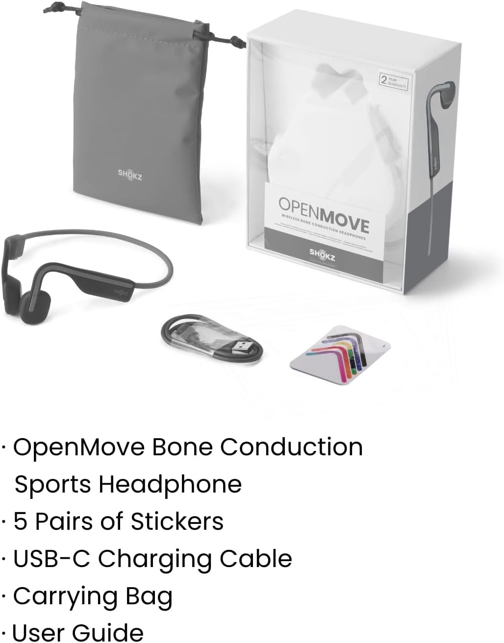 SHOKZ OpenMove - Open-Ear Bluetooth Sport Headphones, Bone Conduction Wireless Earphones, Sweatproof for Running and Workouts, with Sticker Pack, Grey