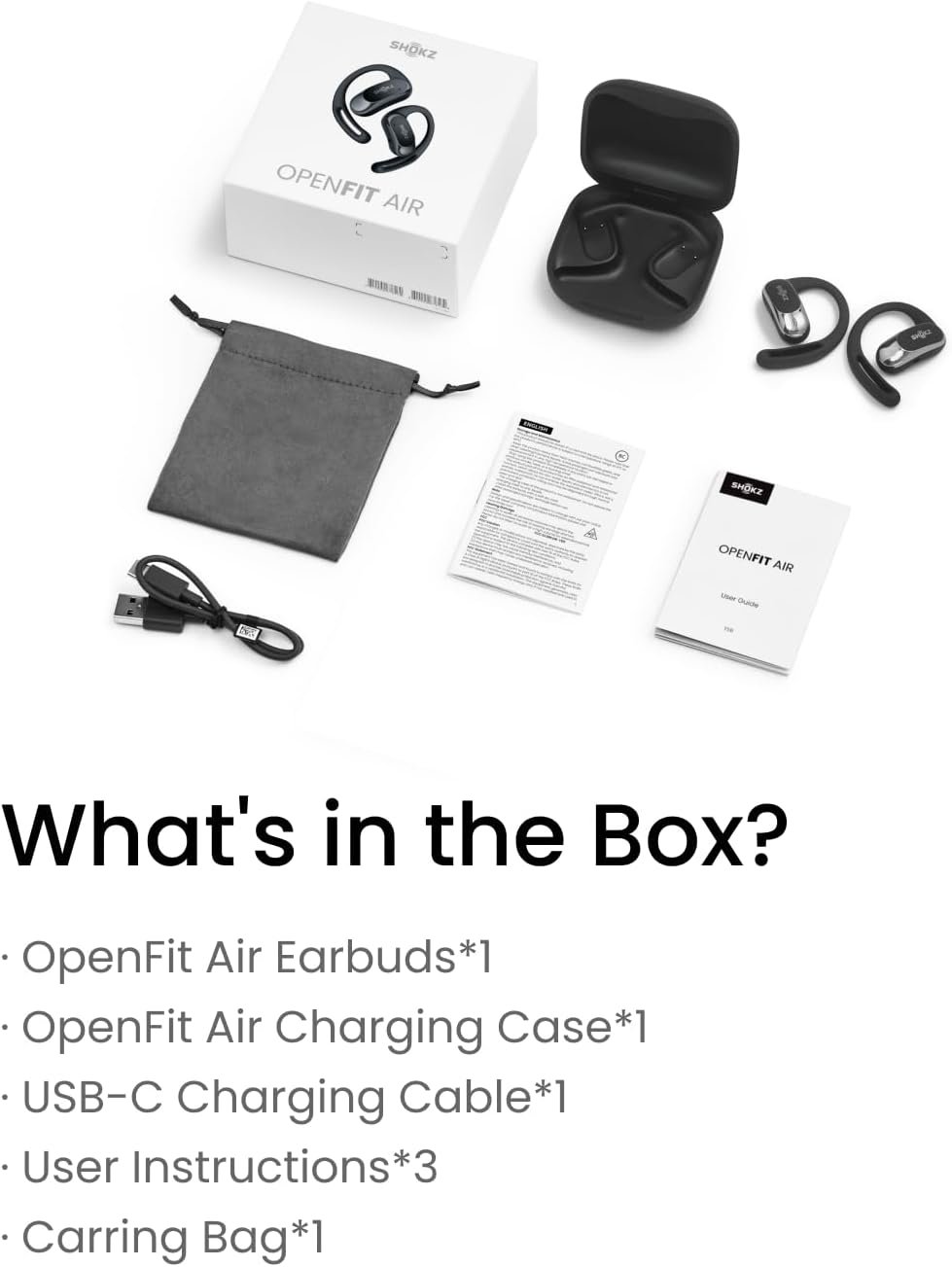 SHOKZ OpenFit Air - Open-Ear Headphones, True Wireless Earbuds, Water Resistant, Secure Earhooks for Daily Use, Black