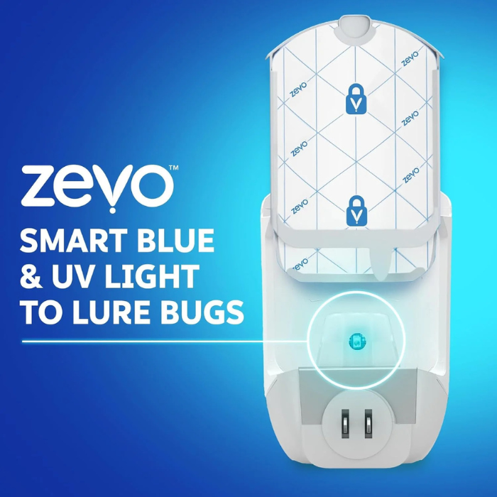 Zevo MAX Bug Catcher & Fly Trap for Indoors – Plug-In UV + Blue Light Insect Trap with 2 Refill Cartridges, 2× Capacity, Mess-Free Sticky Catch for Gnats, Fruit Flies & House Flies