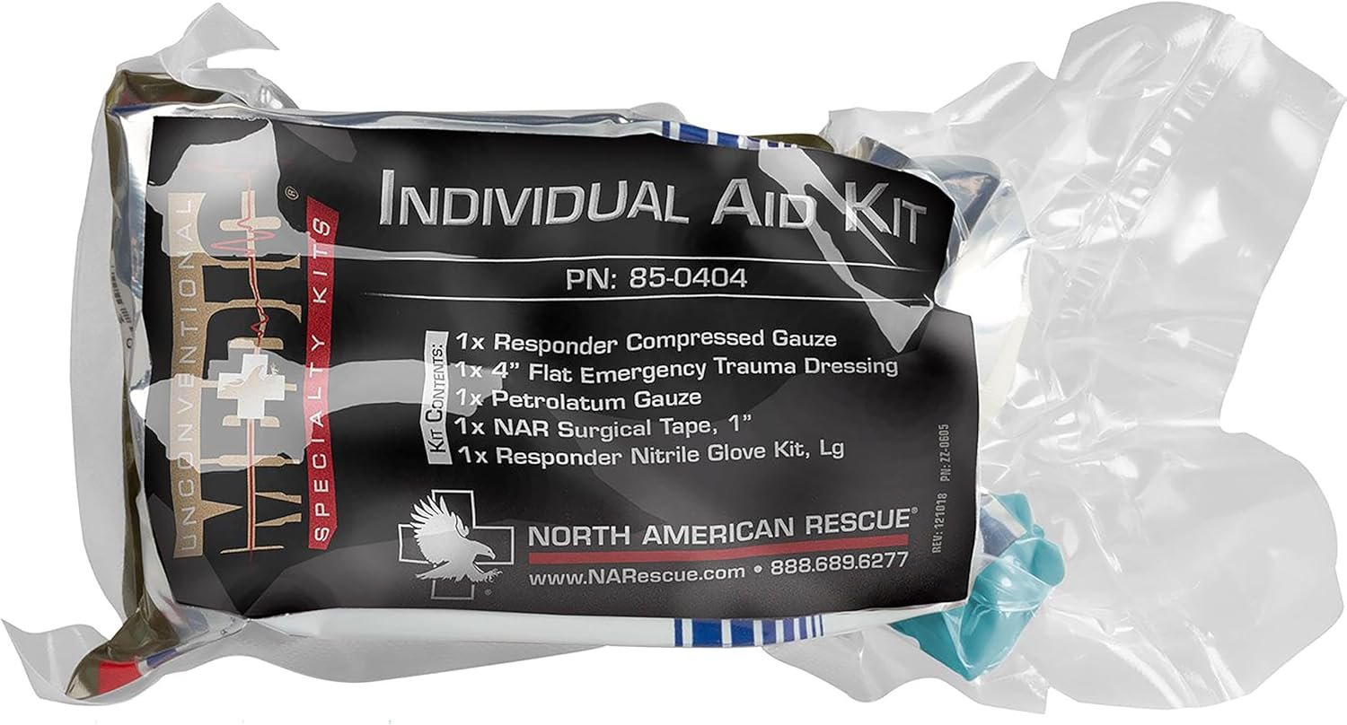 North American Rescue Individual Aid Kit Compact First Aid with Compressed Gauze, Petrolatum Gauze, ETD, Gloves, Surgical Tape