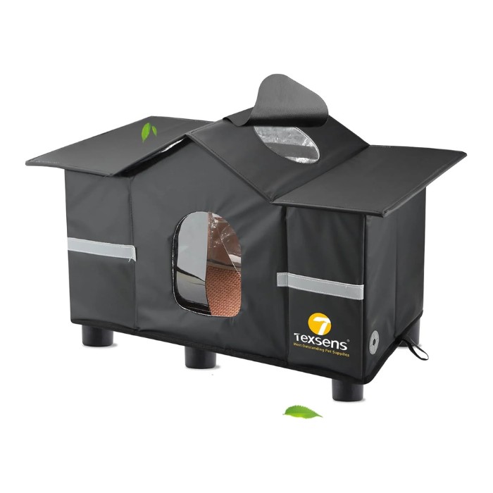 Texsens Outdoor Cat House - Weatherproof Large Cat Shelter for Outside with Roof Window- Insulated Elevated House for Stray/Barn Cats with Cozy Cushion - Ideal Waterproof Feral Cat House