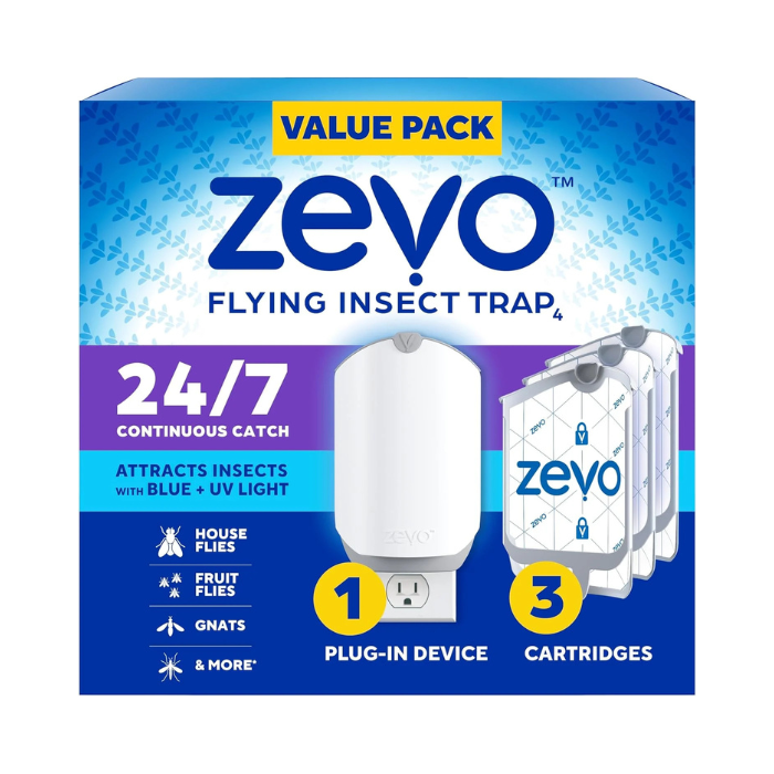 Zevo MAX Bug Catcher & Fly Trap for Indoors – Plug-In UV + Blue Light Insect Trap with 2 Refill Cartridges, 2× Capacity, Mess-Free Sticky Catch for Gnats, Fruit Flies & House Flies