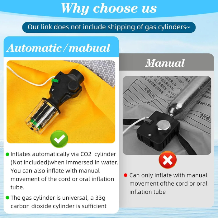 Adult Automatic Inflatable Kayak Vest PFD, Water Sports Vest for Boating Fishing Kayaking SUP Paddleboarding（fit Weight Below 330 lbs）