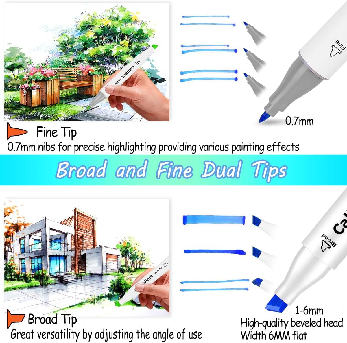 Caliart 100 Permanent Markers Set – Dual-Tip Coloring & Sketching Markers for Illustration, Journaling & Creative Outdoor Projects