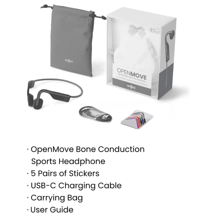 SHOKZ OpenMove - Open-Ear Bluetooth Sport Headphones, Bone Conduction Wireless Earphones, Sweatproof for Running and Workouts, with Sticker Pack, Grey