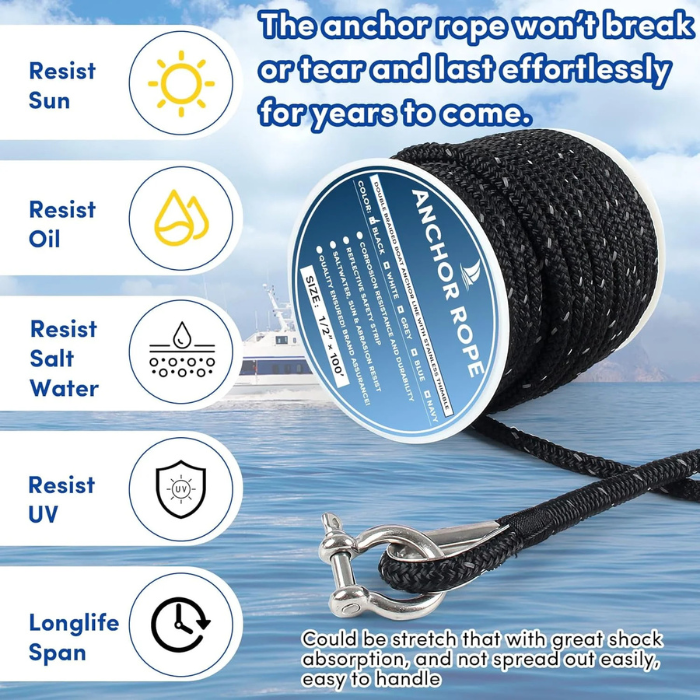 Anchor Rope 100 ft x 1/2 inch Black, Double Braided Anchor Line with Stainless Steel Thimble & Shackle, Boat Rope with Reflective Strip Ideal for Towing, Mooring, Anchoring, for Boats Up to 35'