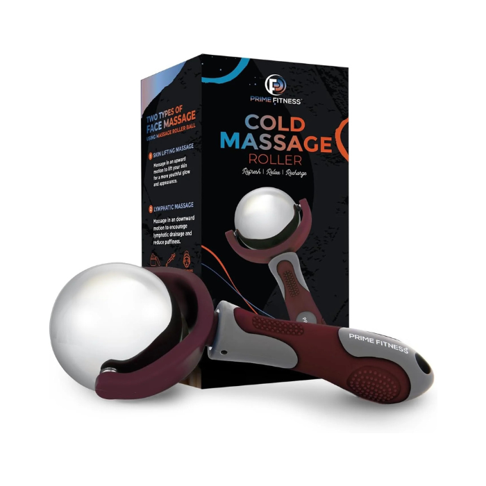 Maroon Cold Massage Roller Ball with Handle – Reusable Stainless Steel Cryotherapy Roller for Hot & Cold Tissue Relief, Deep Tissue Trigger-Point Therapy