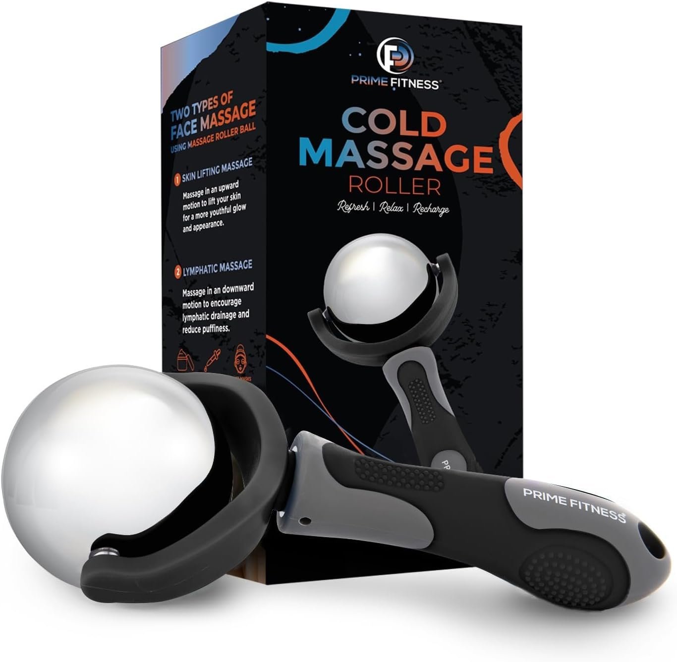 Black Cold Massage Roller Ball with Handle – Reusable Stainless Steel Cryotherapy Roller for Hot & Cold Tissue Relief, Deep Tissue Trigger-Point Therapy