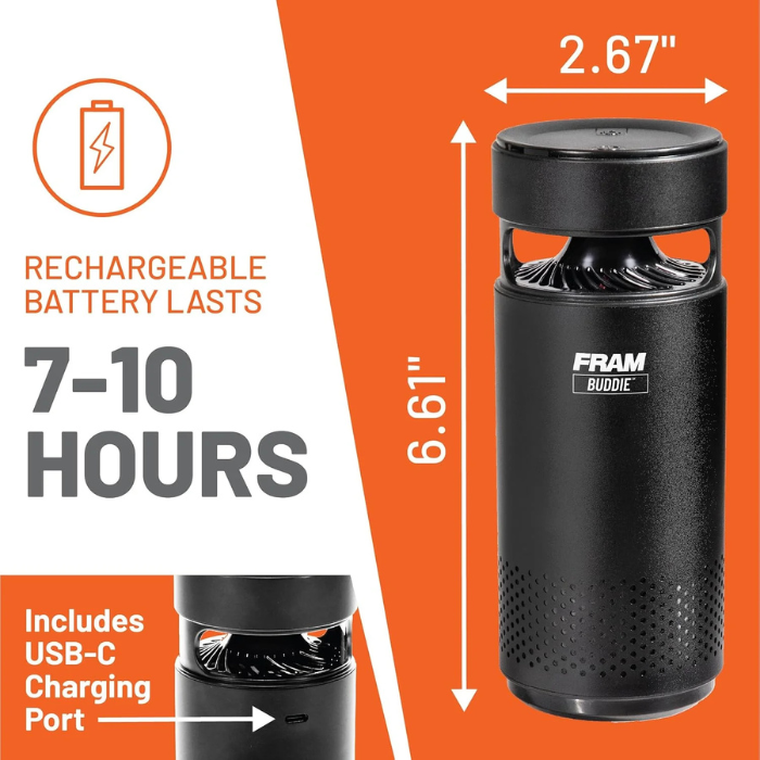 FRAM Buddie HEPA Air Purifier H13 Filtration & UV-C LED Sanitization, Cable-Free Rechargeable Portable Air Purifier for Home, Car, Office & Outdoor Travel