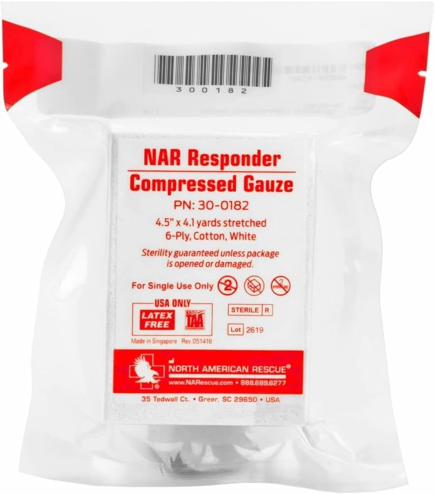 North American Rescue Individual Aid Kit Compact First Aid with Compressed Gauze, Petrolatum Gauze, ETD, Gloves, Surgical Tape