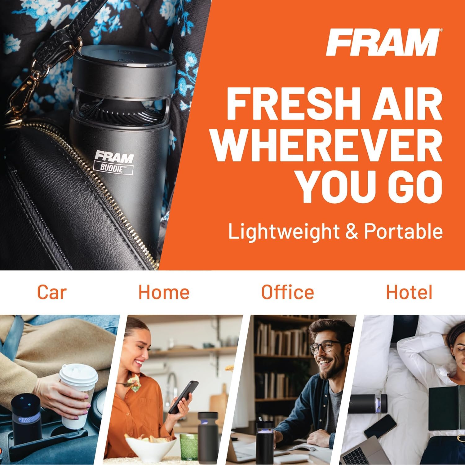 Description for FRAM Buddie HEPA Air Purifier H13 Filtration & UV-C LED Sanitization, Cable-Free Rechargeable Portable Air Purifier for Home, Car, Office & Outdoor Travel