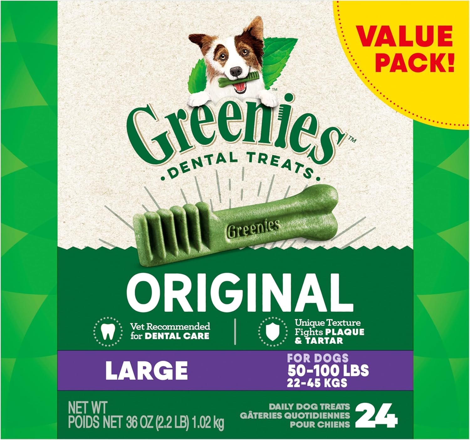 Description for Greenies Original Large Dental Dog Treats, 36 oz. Pack (24 Treats)