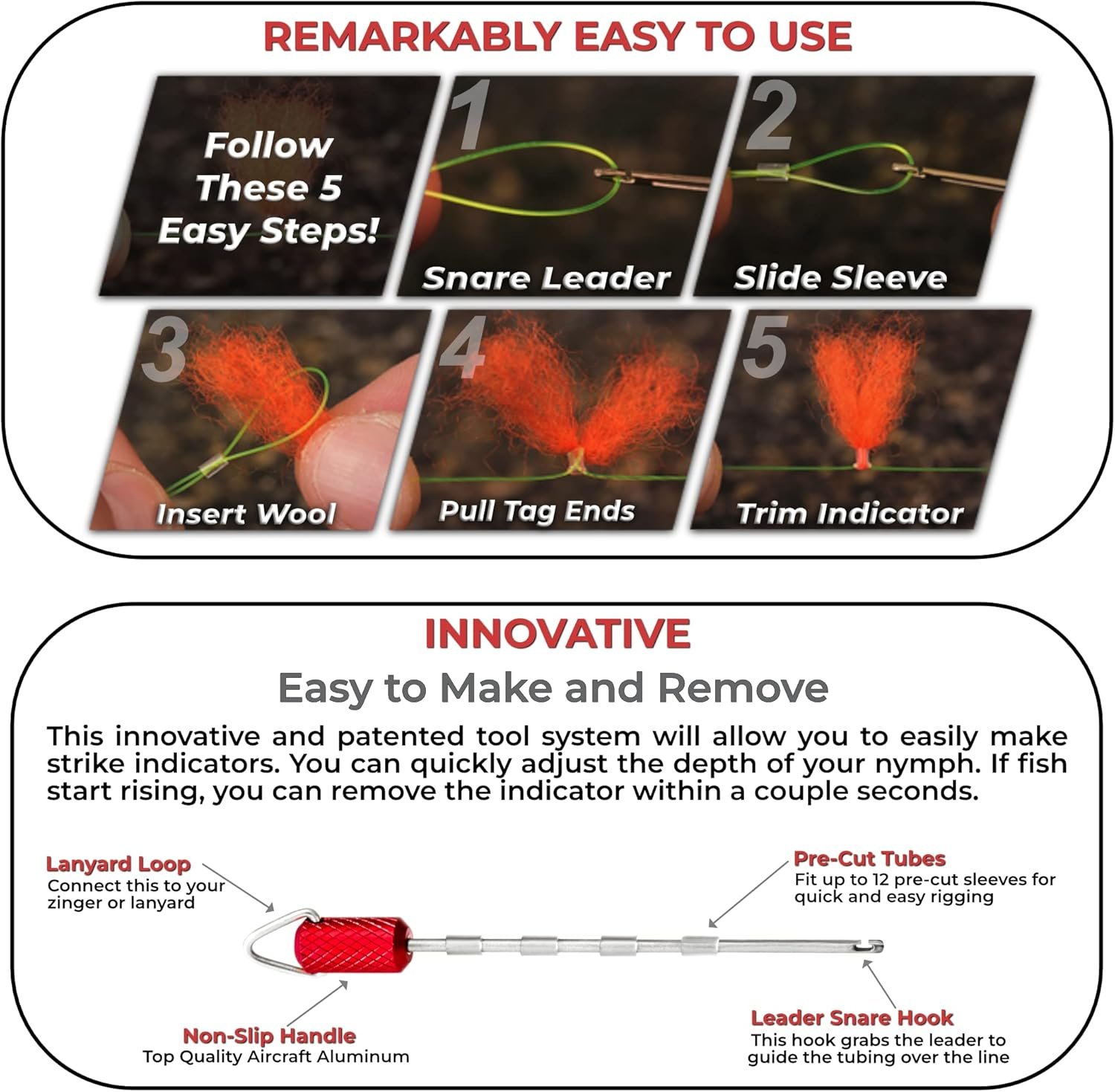 Description for New Zealand Strike Indicator Combo Pack – Fly Fishing Indicator System with Tool, Tubing & Wool – Adjustable, Knotless, Reusable for Nymph Rigs & Sensitive Strike Detection