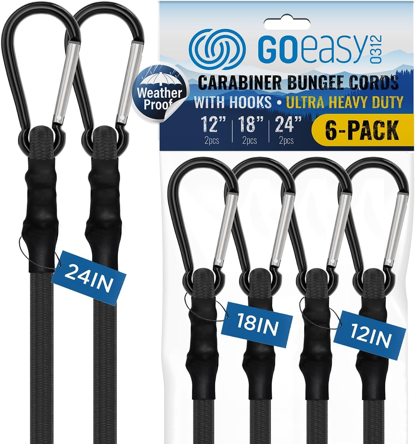 Heavy-Duty 18″ Carabiner Bungee Cords, 4-Pack – 200 lb Break Strength, UV-Resistant for Camping, Bike Racks, Tents, Tarps & RV Use