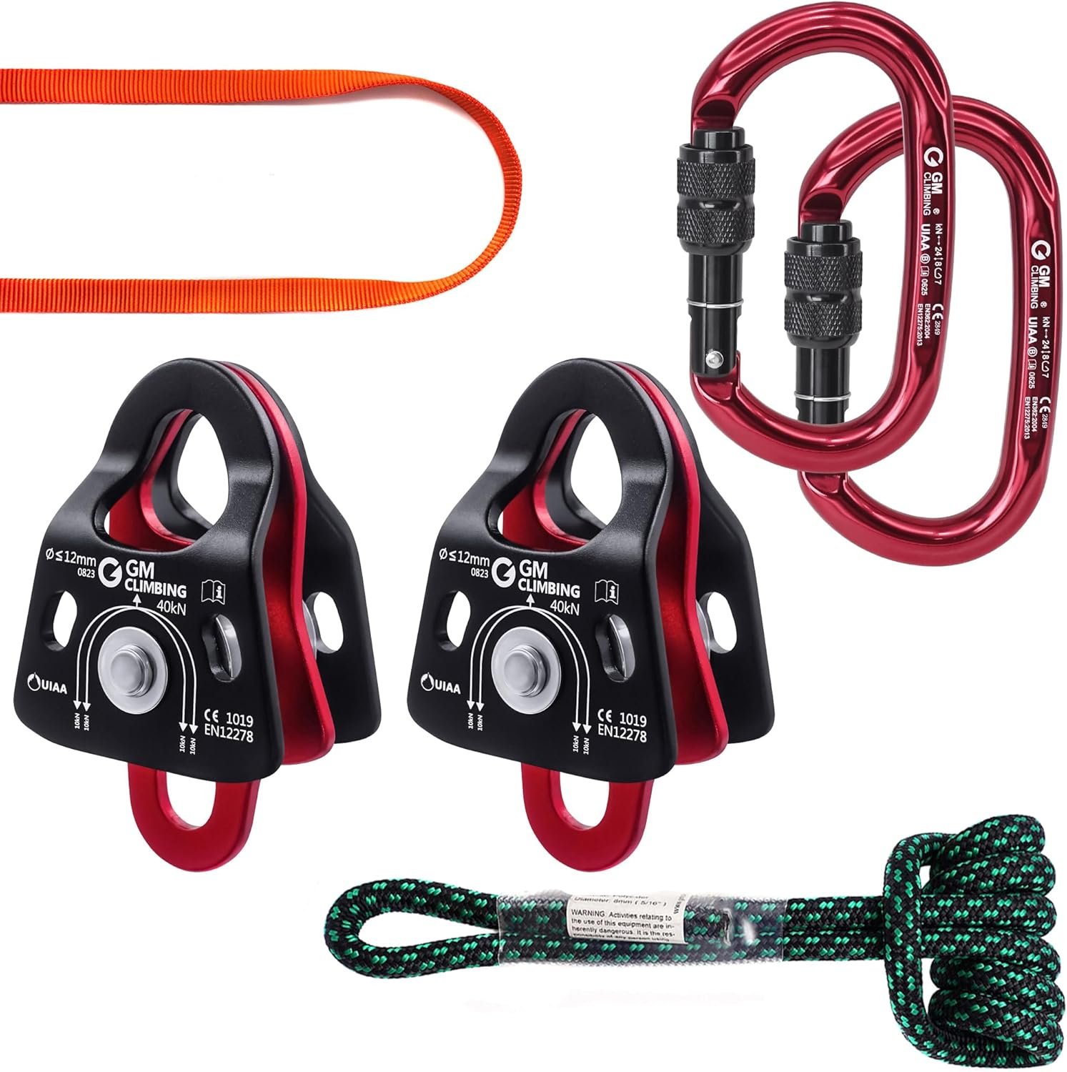 GM CLIMBING 5:1 Mechanical Advantage Hardware Kit – 40 kN Micro Double Pulley System with Carabiners, Prusik Loop & Nylon Sling for Rigging & Rescue