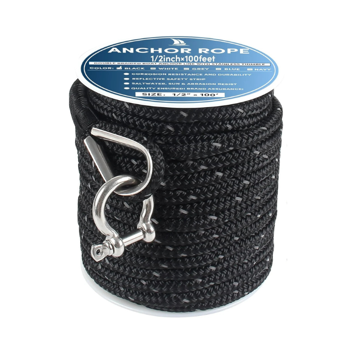 Anchor Rope 100 ft x 1/2 inch Black, Double Braided Anchor Line with Stainless Steel Thimble & Shackle, Boat Rope with Reflective Strip Ideal for Towing, Mooring, Anchoring, for Boats Up to 35'