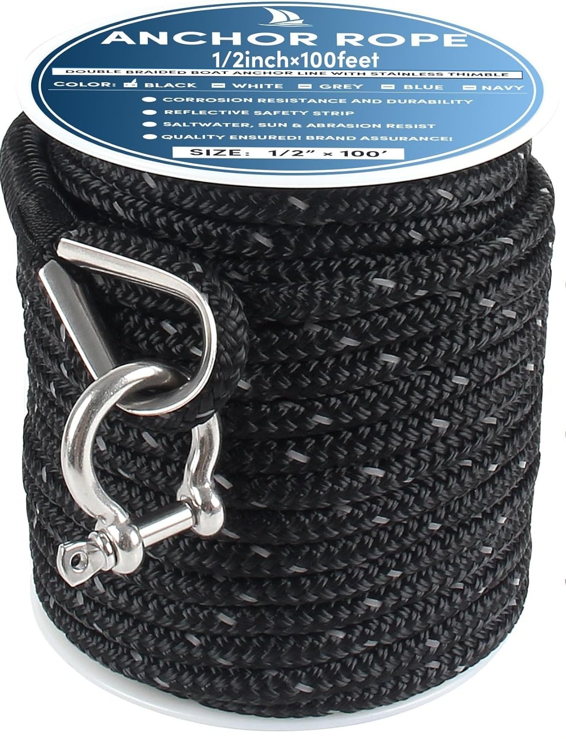 Anchor Rope 100 ft x 1/2 inch Black, Double Braided Anchor Line with Stainless Steel Thimble & Shackle, Boat Rope with Reflective Strip Ideal for Towing, Mooring, Anchoring, for Boats Up to 35'