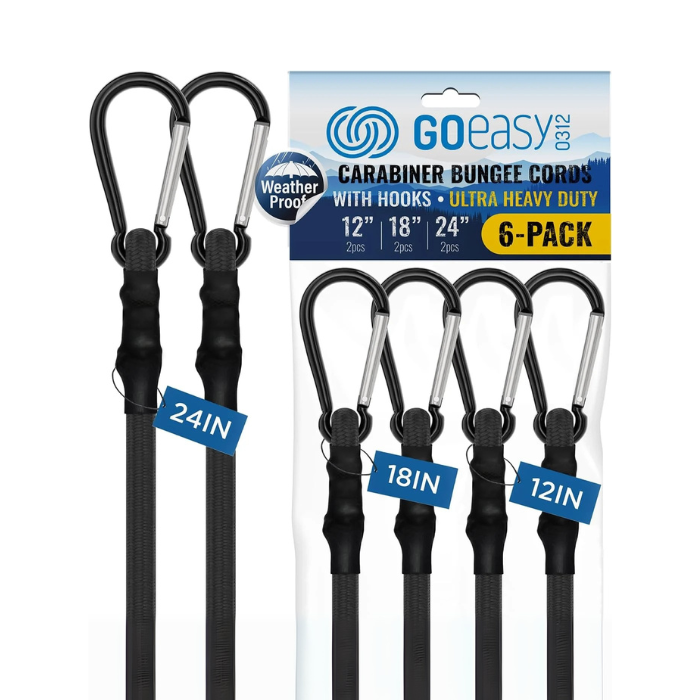 Heavy-Duty 18″ Carabiner Bungee Cords, 4-Pack – 200 lb Break Strength, UV-Resistant for Camping, Bike Racks, Tents, Tarps & RV Use