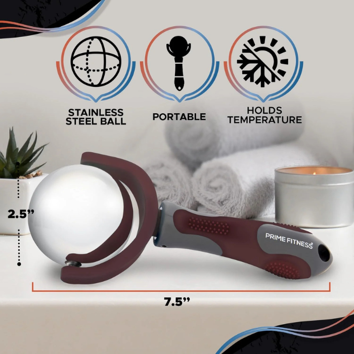Maroon Cold Massage Roller Ball with Handle – Reusable Stainless Steel Cryotherapy Roller for Hot & Cold Tissue Relief, Deep Tissue Trigger-Point Therapy