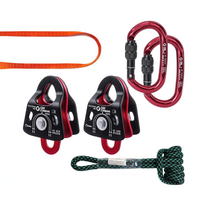 GM CLIMBING 5:1 Mechanical Advantage Hardware Kit – 40 kN Micro Double Pulley System with Carabiners, Prusik Loop & Nylon Sling for Rigging & Rescue