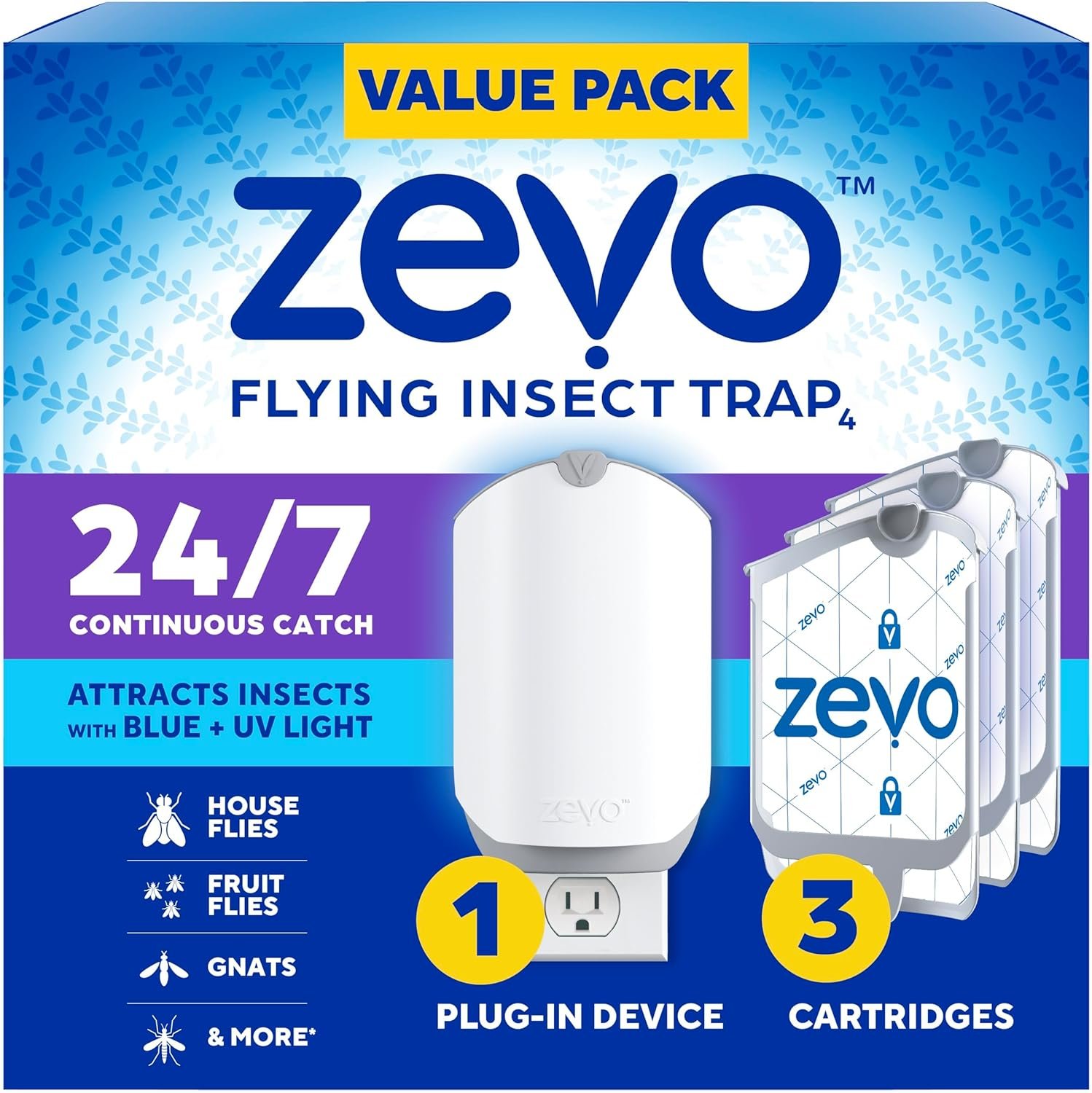 Zevo MAX Bug Catcher & Fly Trap for Indoors – Plug-In UV + Blue Light Insect Trap with 2 Refill Cartridges, 2× Capacity, Mess-Free Sticky Catch for Gnats, Fruit Flies & House Flies