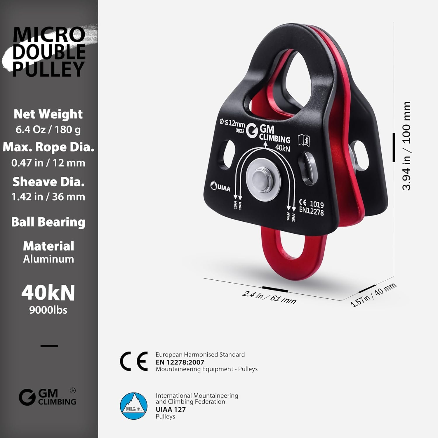 GM CLIMBING 5:1 Mechanical Advantage Hardware Kit – 40 kN Micro Double Pulley System with Carabiners, Prusik Loop & Nylon Sling for Rigging & Rescue