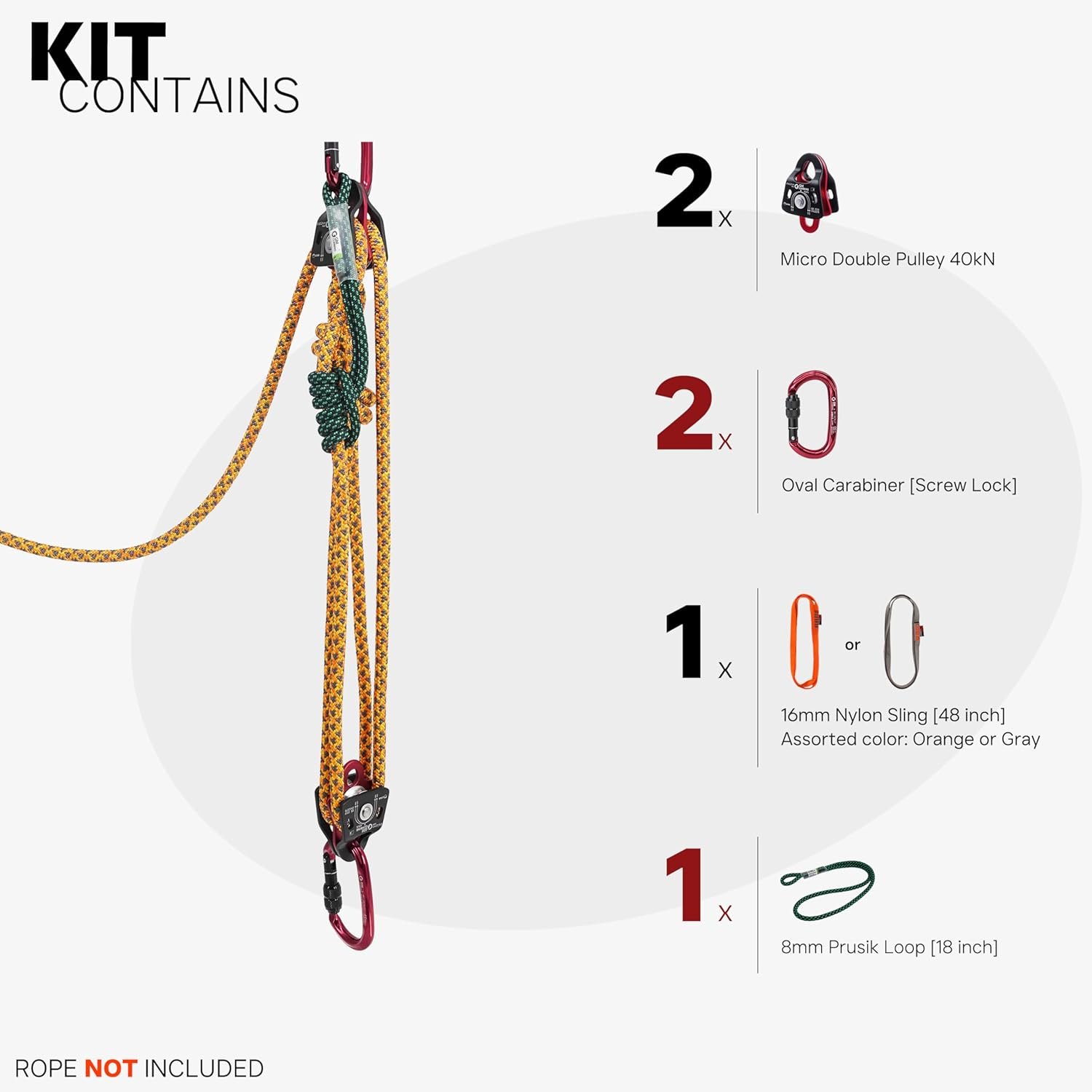 GM CLIMBING 5:1 Mechanical Advantage Hardware Kit – 40 kN Micro Double Pulley System with Carabiners, Prusik Loop & Nylon Sling for Rigging & Rescue