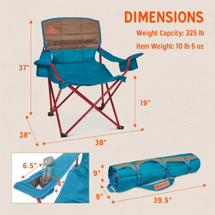 Kelty Deluxe Reclining Lounge Chair – Heavy-Duty Folding Camp Chair with Adjustable Recline, Padded Armrests & Cup Holders – Portable Comfort for Camping, Tailgating & Outdoor Events